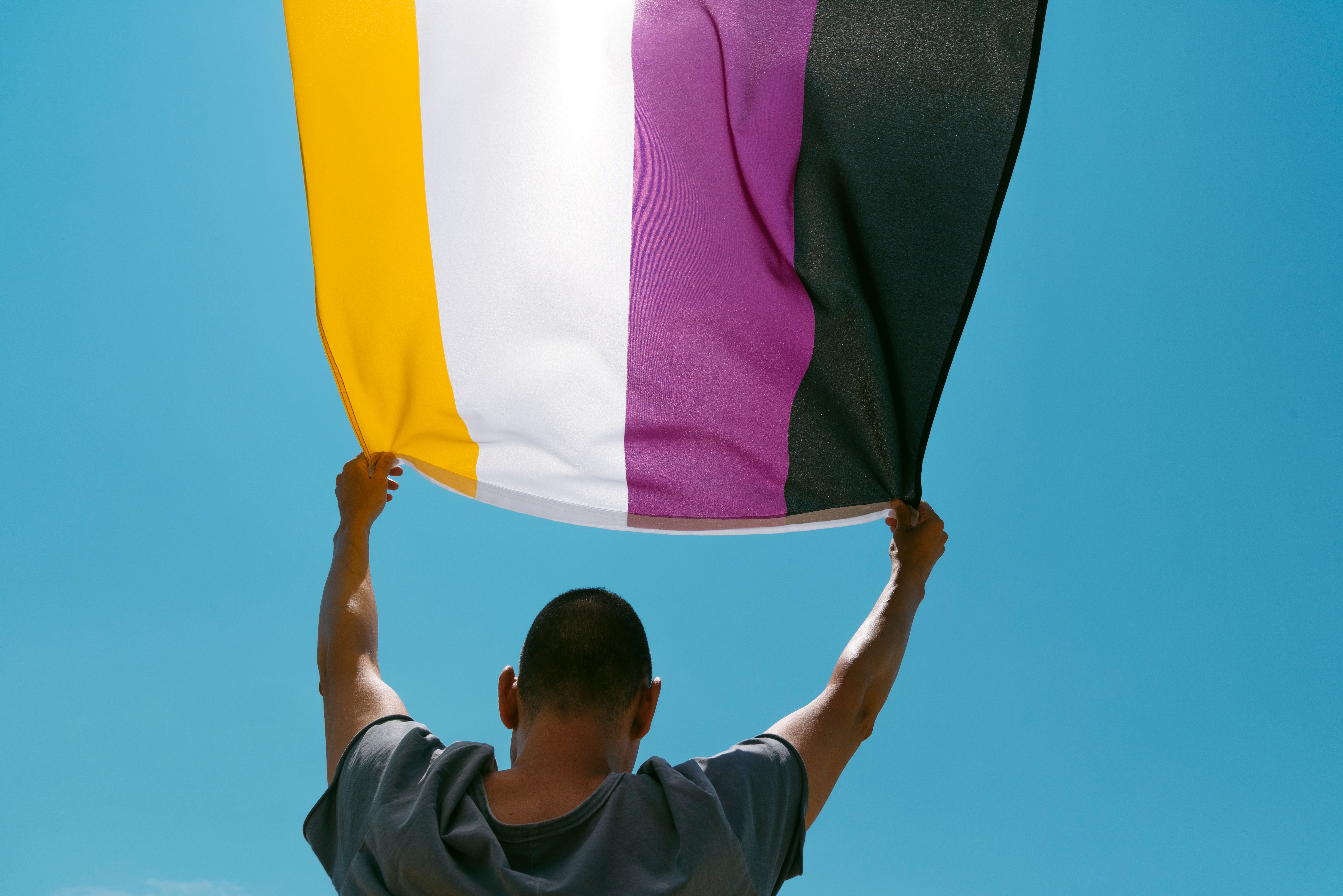 Person holds the non-binary flag